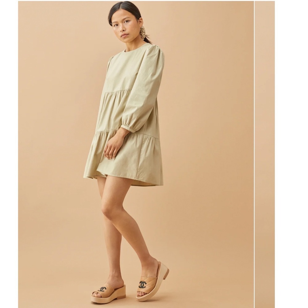 Reformation Dress M Beckett Organic Cotton Tiered Babydoll Sage Green Long Sleev